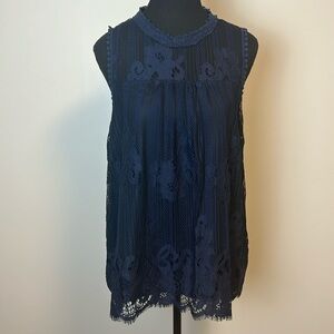 Taylor & Sage Deep Blue High Neck Sleeveless Twin Print Lace Top Sz L